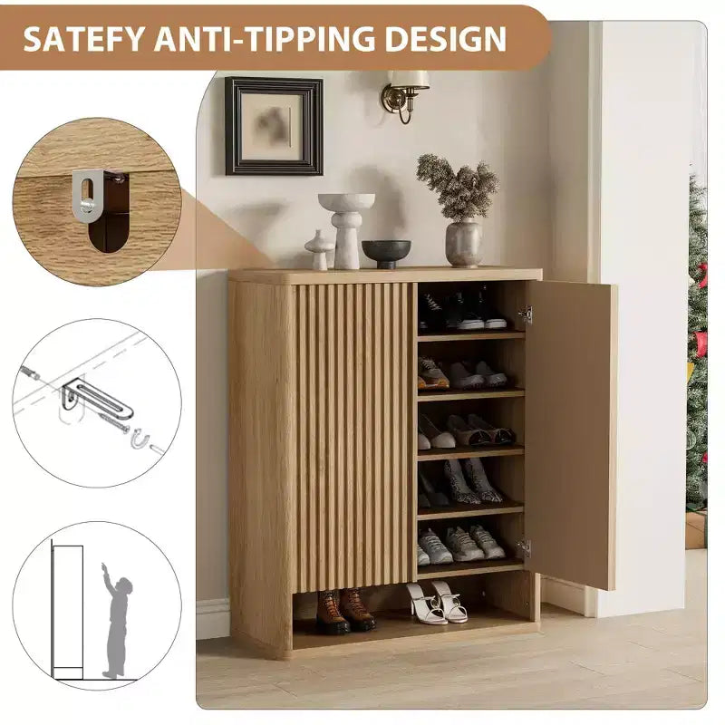 Shoe Storage Cabinet for Entryway, Wood Shoe Rack Organizer with Adjustable Shelves, Fluted Shoe Cabinet Holds 25-30 Pairs for Living Room