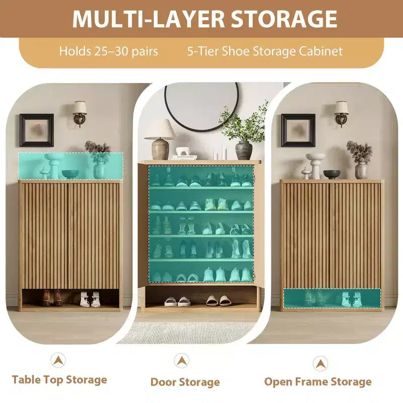 Shoe Storage Cabinet for Entryway, Wood Shoe Rack Organizer with Adjustable Shelves, Fluted Shoe Cabinet Holds 25-30 Pairs for Living Room