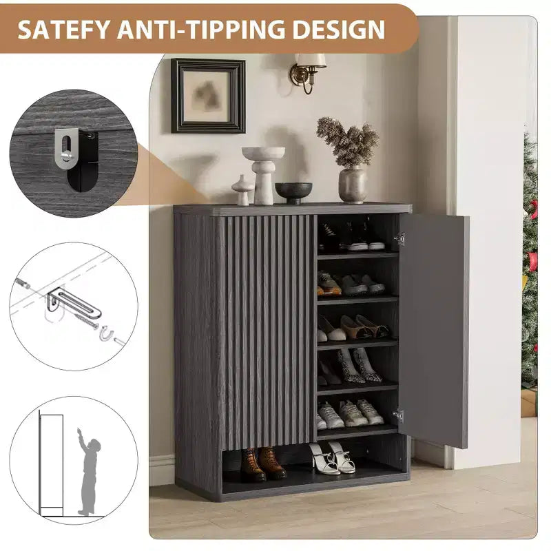 Shoe Storage Cabinet for Entryway, Wood Shoe Rack Organizer with Adjustable Shelves, Fluted Shoe Cabinet Holds 25-30 Pairs for Living Room