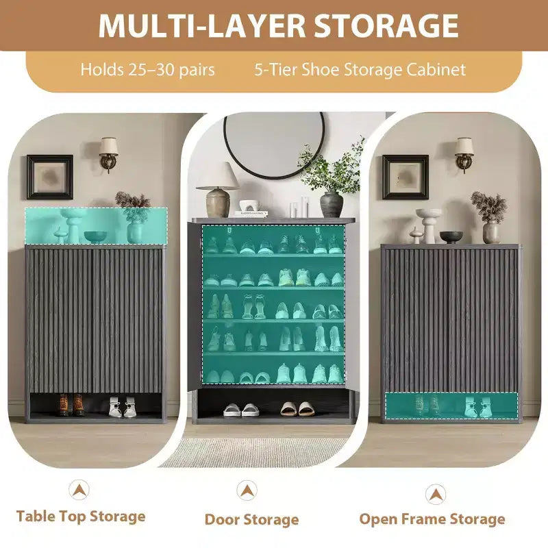 Shoe Storage Cabinet for Entryway, Wood Shoe Rack Organizer with Adjustable Shelves, Fluted Shoe Cabinet Holds 25-30 Pairs for Living Room