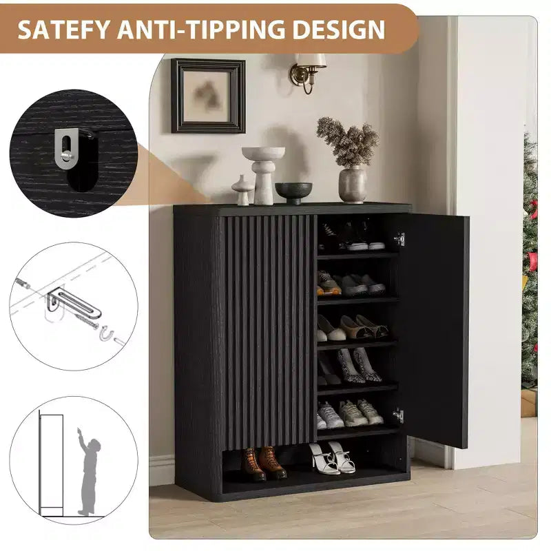 Shoe Storage Cabinet for Entryway, Wood Shoe Rack Organizer with Adjustable Shelves, Fluted Shoe Cabinet Holds 25-30 Pairs for Living Room