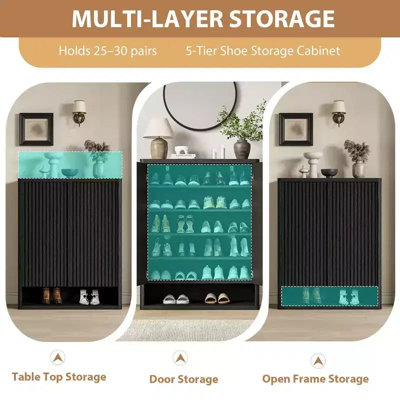Shoe Storage Cabinet for Entryway, Wood Shoe Rack Organizer with Adjustable Shelves, Fluted Shoe Cabinet Holds 25-30 Pairs for Living Room