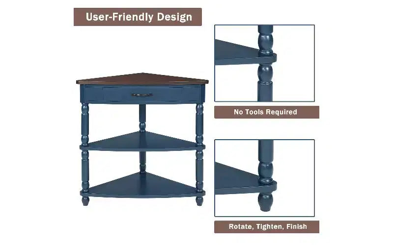 TUYOHW 3-Tier Triangular Corner End Table, Space-Saving Small Side Table with Solid Wood Legs, Multifunctional Storage Rack for Living Room, Bedroom