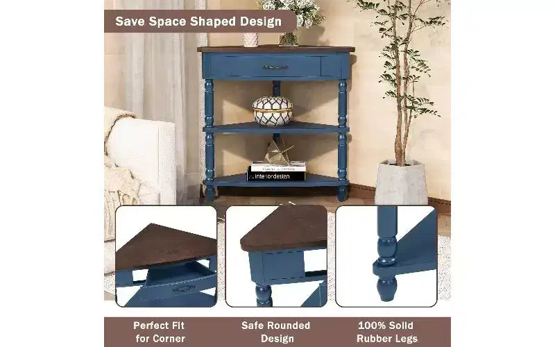 TUYOHW 3-Tier Triangular Corner End Table, Space-Saving Small Side Table with Solid Wood Legs, Multifunctional Storage Rack for Living Room, Bedroom