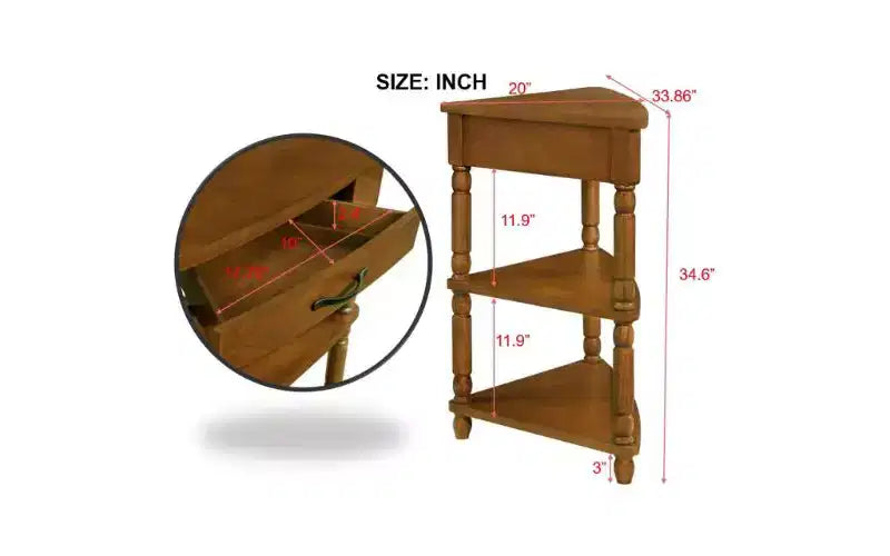 TUYOHW 3-Tier Triangular Corner End Table, Space-Saving Small Side Table with Solid Wood Legs, Multifunctional Storage Rack for Living Room, Bedroom