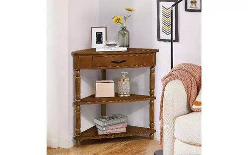 TUYOHW 3-Tier Triangular Corner End Table, Space-Saving Small Side Table with Solid Wood Legs, Multifunctional Storage Rack for Living Room, Bedroom