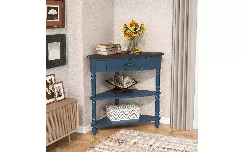 TUYOHW 3-Tier Triangular Corner End Table, Space-Saving Small Side Table with Solid Wood Legs, Multifunctional Storage Rack for Living Room, Bedroom