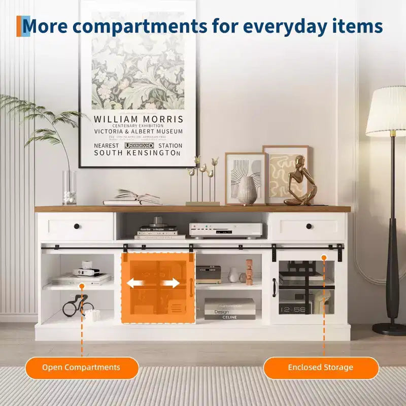 Farmhouse TV Stand for 75 in TVs, Media Console Table with 2 Drawers, Power Outlets, Barn Doors, Entertainment Center with Adjustable Shelves