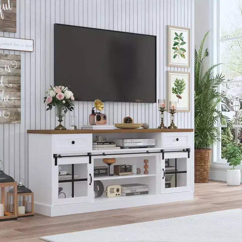 Farmhouse TV Stand for 75 in TVs, Media Console Table with 2 Drawers, Power Outlets, Barn Doors, Entertainment Center with Adjustable Shelves