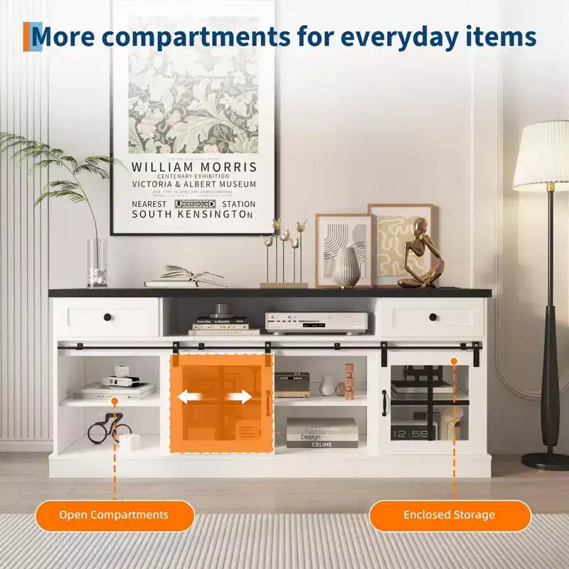 Farmhouse TV Stand for 75 in TVs, Media Console Table with 2 Drawers, Power Outlets, Barn Doors, Entertainment Center with Adjustable Shelves