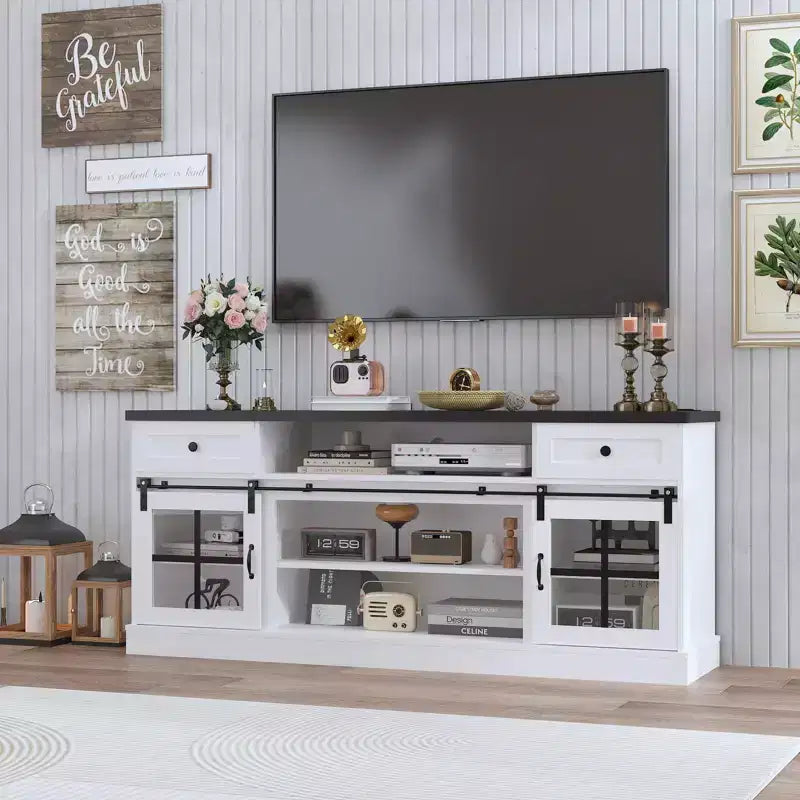 Farmhouse TV Stand for 75 in TVs, Media Console Table with 2 Drawers, Power Outlets, Barn Doors, Entertainment Center with Adjustable Shelves