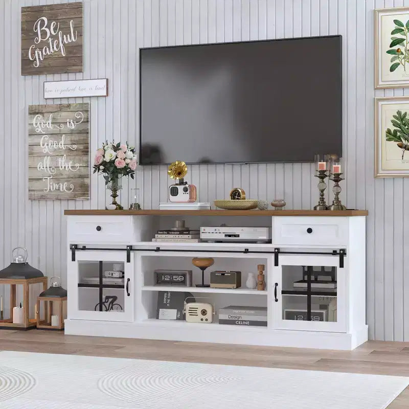 Farmhouse TV Stand for 75 in TVs, Media Console Table with 2 Drawers, Power Outlets, Barn Doors, Entertainment Center with Adjustable Shelves