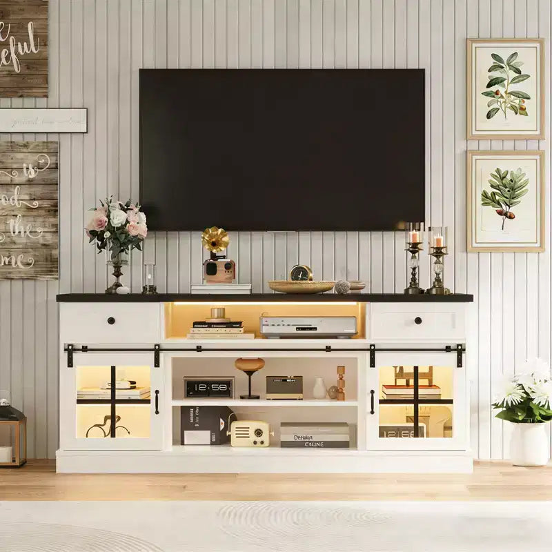Farmhouse TV Stand for 75 in TVs, Media Console Table with 2 Drawers, Power Outlets, Barn Doors, Entertainment Center with Adjustable Shelves