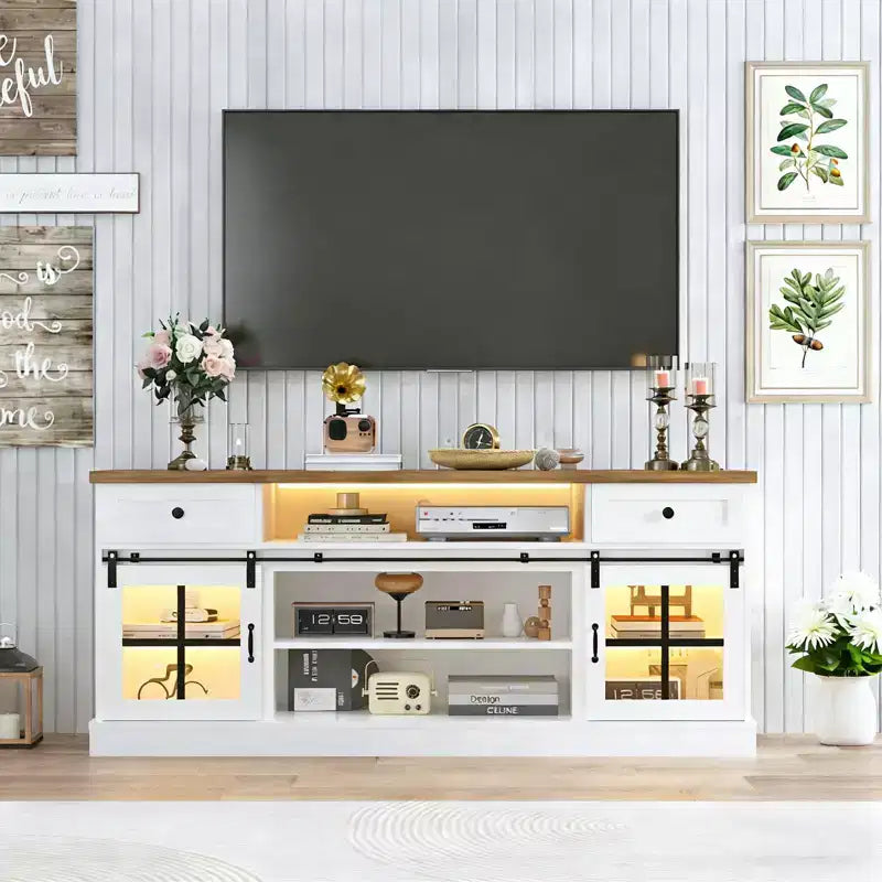 Farmhouse TV Stand for 75 in TVs, Media Console Table with 2 Drawers, Power Outlets, Barn Doors, Entertainment Center with Adjustable Shelves
