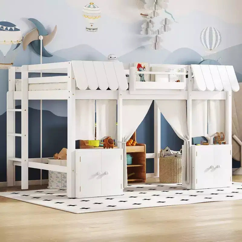 Full Loft Bed with Built-in Bookshelf Curtain and Storage Shelf Amusement Park-Inspired Playful Design Safety Guardrails White