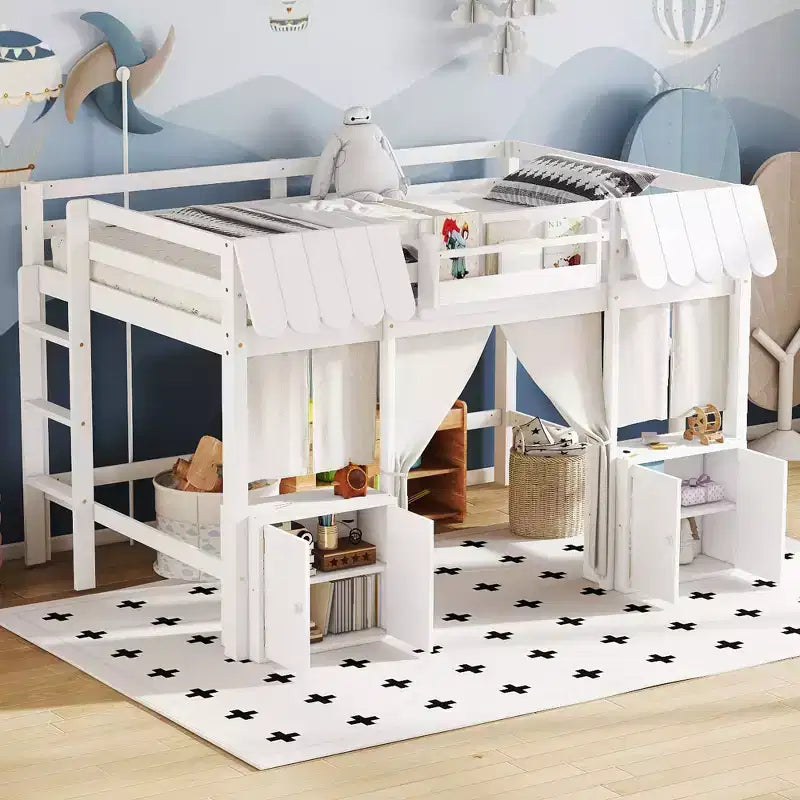 Full Loft Bed with Built-in Bookshelf Curtain and Storage Shelf Amusement Park-Inspired Playful Design Safety Guardrails White