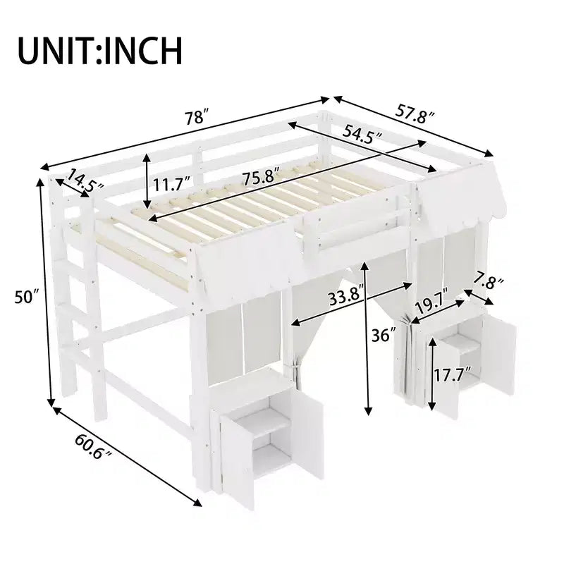Full Loft Bed with Built-in Bookshelf Curtain and Storage Shelf Amusement Park-Inspired Playful Design Safety Guardrails White