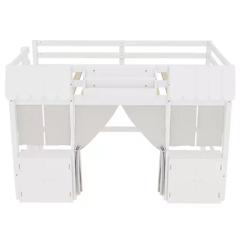 Full Loft Bed with Built-in Bookshelf Curtain and Storage Shelf Amusement Park-Inspired Playful Design Safety Guardrails White