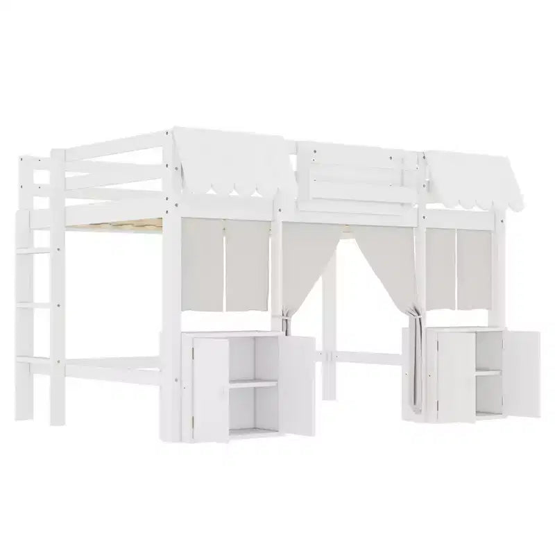 Full Loft Bed with Built-in Bookshelf Curtain and Storage Shelf Amusement Park-Inspired Playful Design Safety Guardrails White