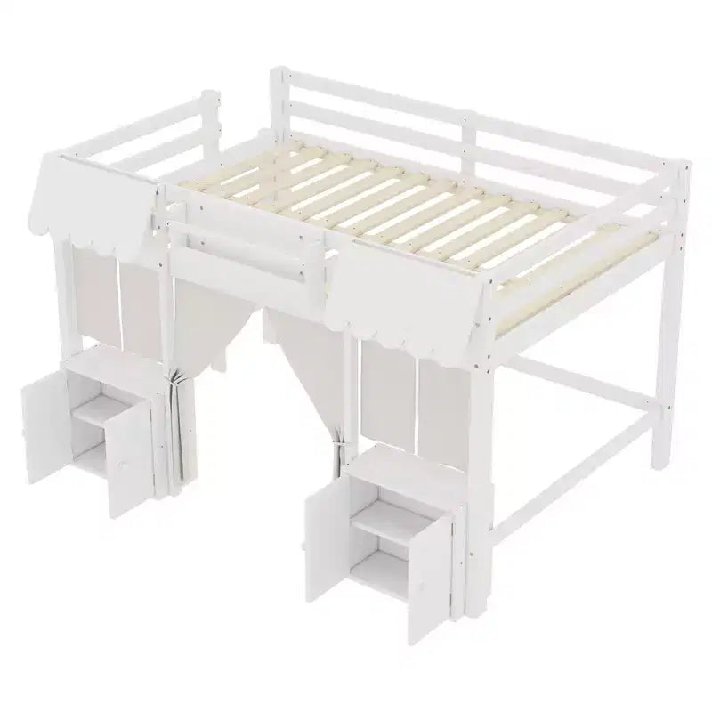 Full Loft Bed with Built-in Bookshelf Curtain and Storage Shelf Amusement Park-Inspired Playful Design Safety Guardrails White