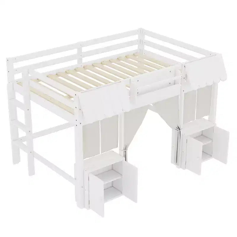 Full Loft Bed with Built-in Bookshelf Curtain and Storage Shelf Amusement Park-Inspired Playful Design Safety Guardrails White