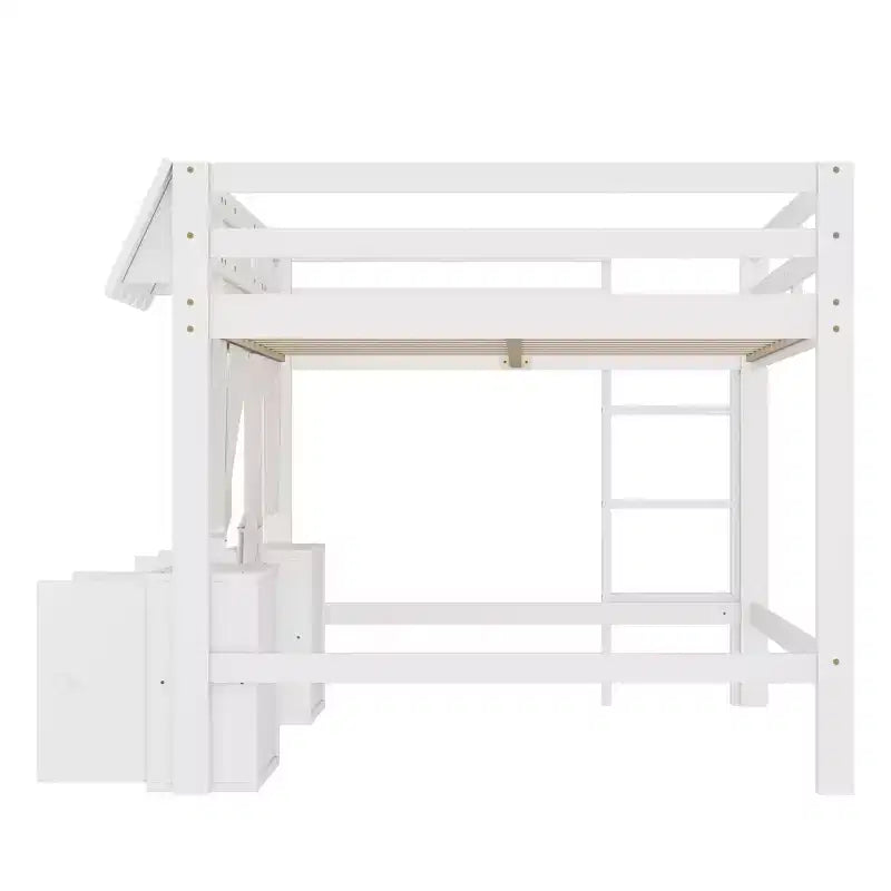 Full Loft Bed with Built-in Bookshelf Curtain and Storage Shelf Amusement Park-Inspired Playful Design Safety Guardrails White