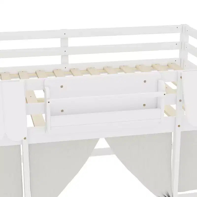 Full Loft Bed with Built-in Bookshelf Curtain and Storage Shelf Amusement Park-Inspired Playful Design Safety Guardrails White
