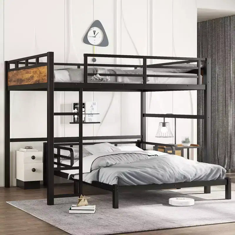Queen over Queen Metal Bunk Bed/Metal Loft Bed and Metal Platform Bedswith raised security fenceVintage Wood-colored