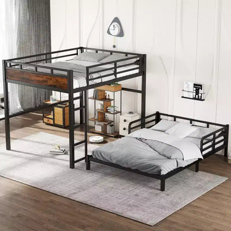 Queen over Queen Metal Bunk Bed/Metal Loft Bed and Metal Platform Bedswith raised security fenceVintage Wood-colored