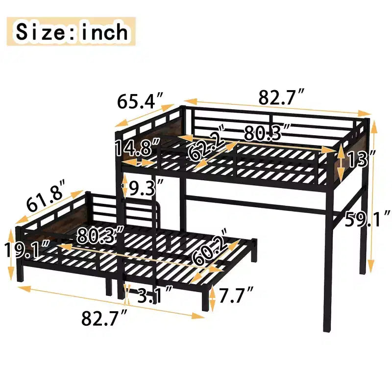Queen over Queen Metal Bunk Bed/Metal Loft Bed and Metal Platform Bedswith raised security fenceVintage Wood-colored