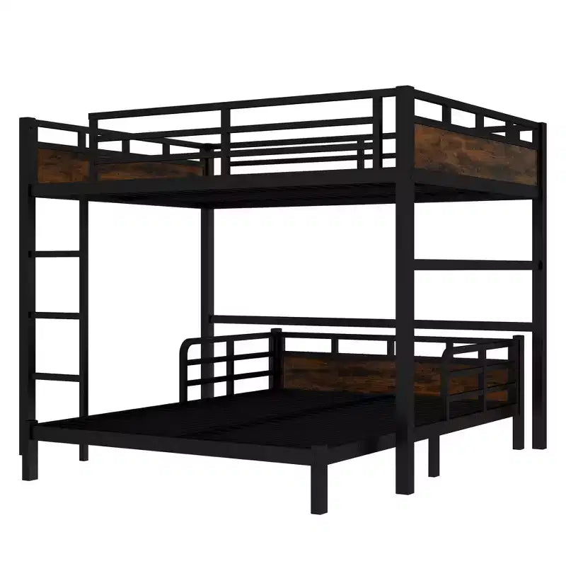 Queen over Queen Metal Bunk Bed/Metal Loft Bed and Metal Platform Bedswith raised security fenceVintage Wood-colored