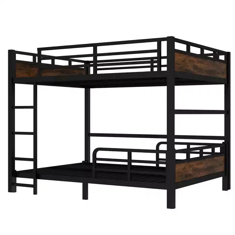 Queen over Queen Metal Bunk Bed/Metal Loft Bed and Metal Platform Bedswith raised security fenceVintage Wood-colored