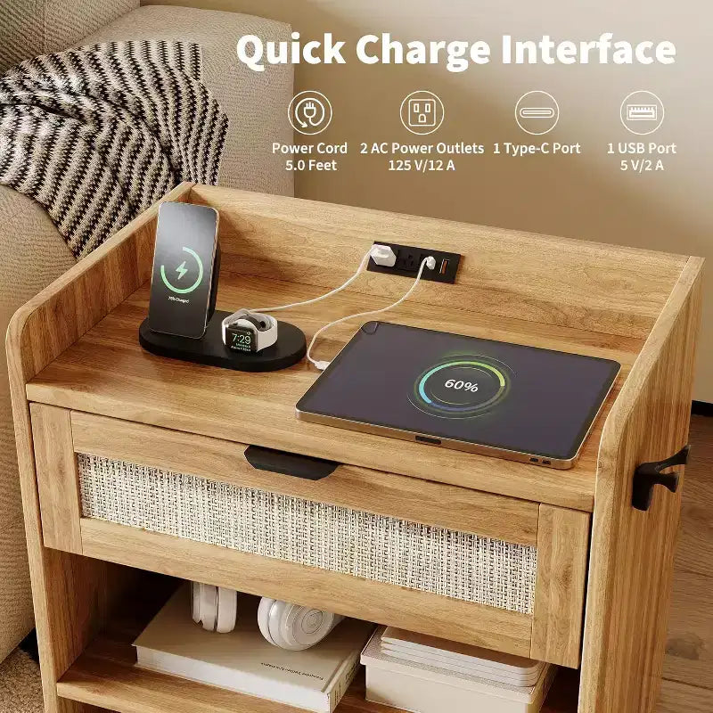 Rattan Nightstand Set of 2, Bedside Table with Type-C Charging Station, Boho End Table Side Table for Bedroom Living Room