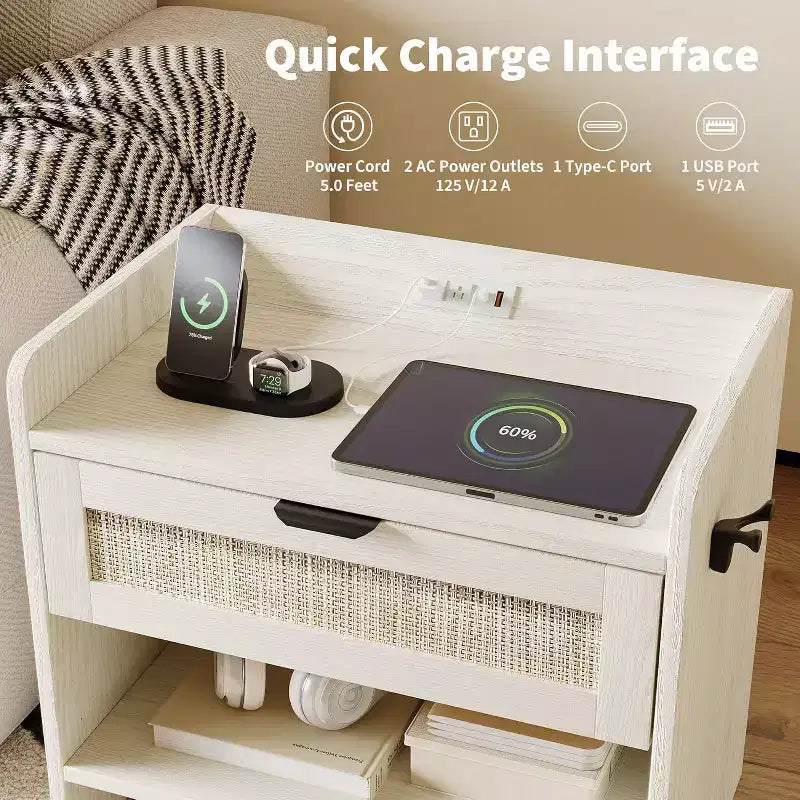 Rattan Nightstand Set of 2, Bedside Table with Type-C Charging Station, Boho End Table Side Table for Bedroom Living Room