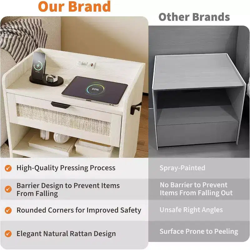 Rattan Nightstand Set of 2, Bedside Table with Type-C Charging Station, Boho End Table Side Table for Bedroom Living Room