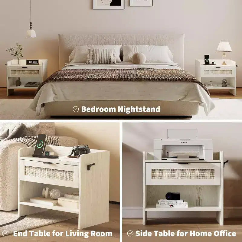 Rattan Nightstand Set of 2, Bedside Table with Type-C Charging Station, Boho End Table Side Table for Bedroom Living Room