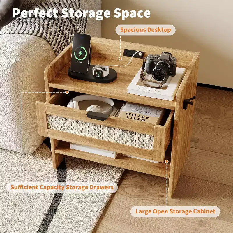 Rattan Nightstand Set of 2, Bedside Table with Type-C Charging Station, Boho End Table Side Table for Bedroom Living Room