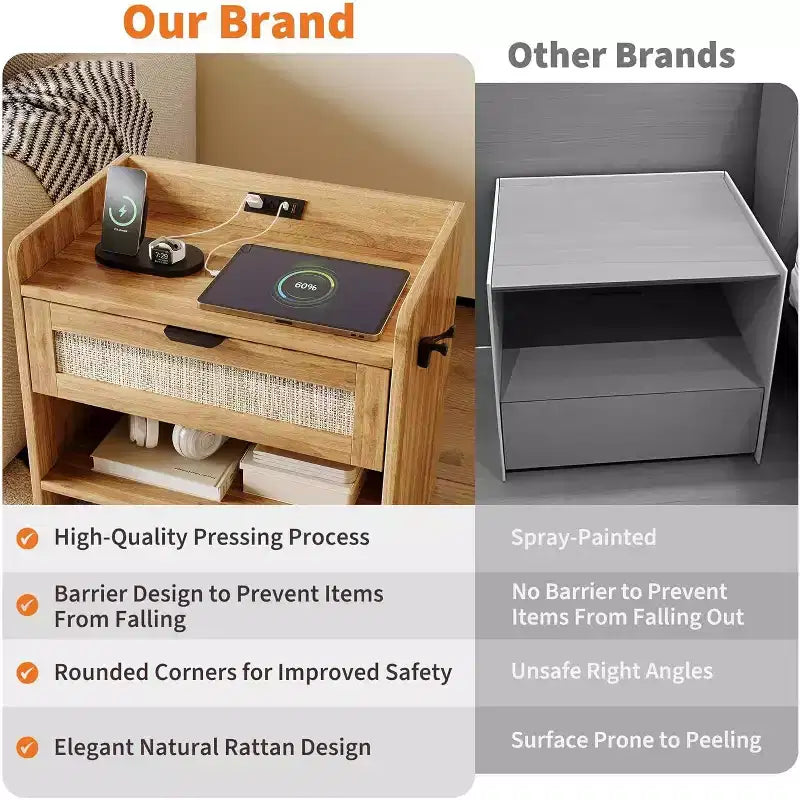 Rattan Nightstand Set of 2, Bedside Table with Type-C Charging Station, Boho End Table Side Table for Bedroom Living Room