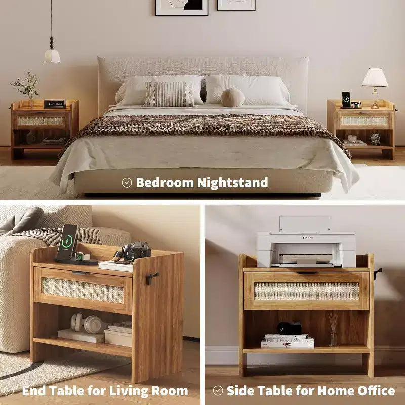 Rattan Nightstand Set of 2, Bedside Table with Type-C Charging Station, Boho End Table Side Table for Bedroom Living Room