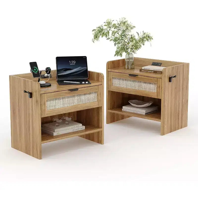 Rattan Nightstand Set of 2, Bedside Table with Type-C Charging Station, Boho End Table Side Table for Bedroom Living Room