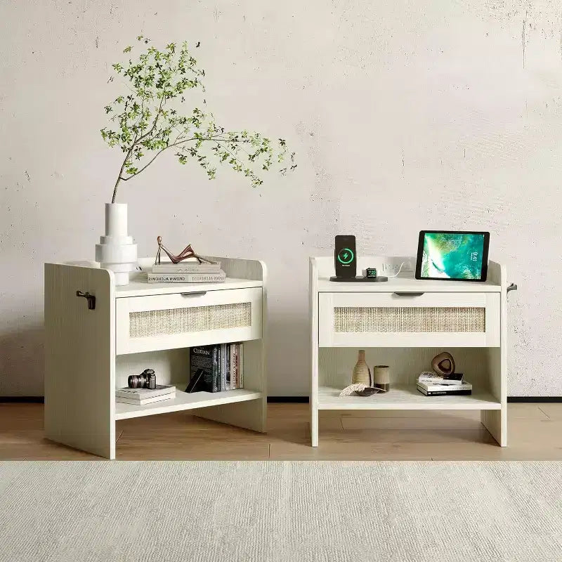 Rattan Nightstand Set of 2, Bedside Table with Type-C Charging Station, Boho End Table Side Table for Bedroom Living Room