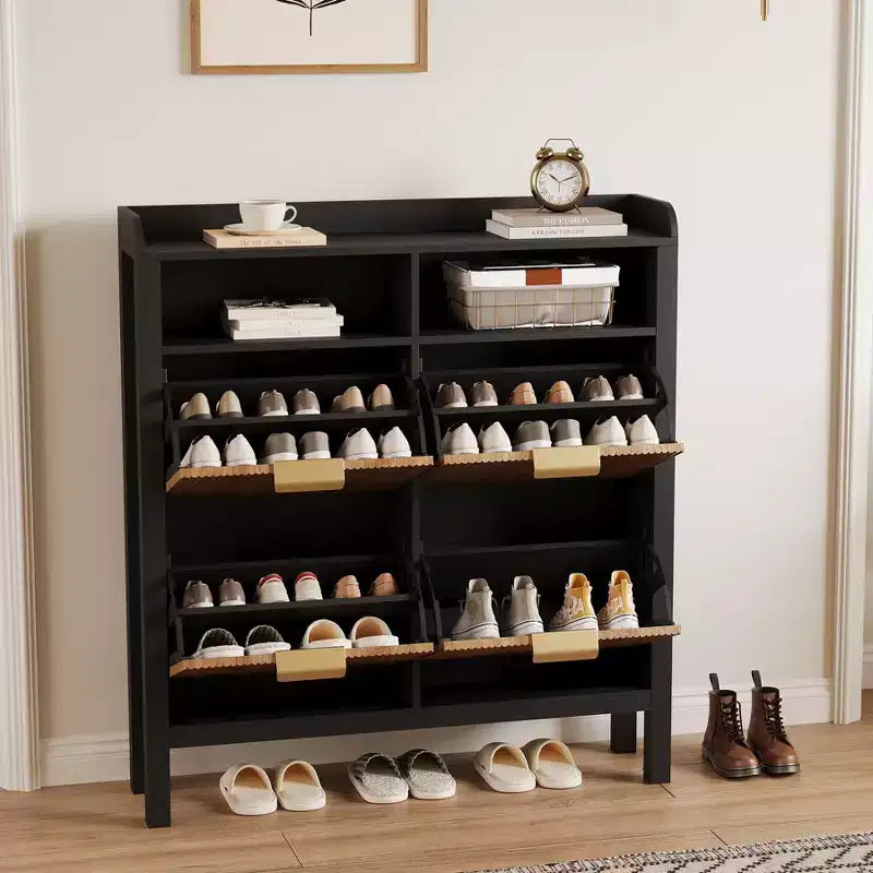 Shoe Storage Cabinet with 4 Flip Drawers, Fluted Narrow Shoe Storage Cabinet Organizer with Legs, Freestanding Hidden Slim Shoe Storage