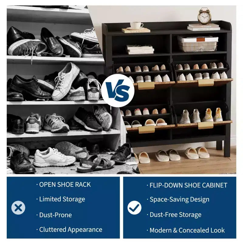 Shoe Storage Cabinet with 4 Flip Drawers, Fluted Narrow Shoe Storage Cabinet Organizer with Legs, Freestanding Hidden Slim Shoe Storage