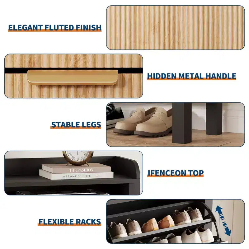 Shoe Storage Cabinet with 4 Flip Drawers, Fluted Narrow Shoe Storage Cabinet Organizer with Legs, Freestanding Hidden Slim Shoe Storage