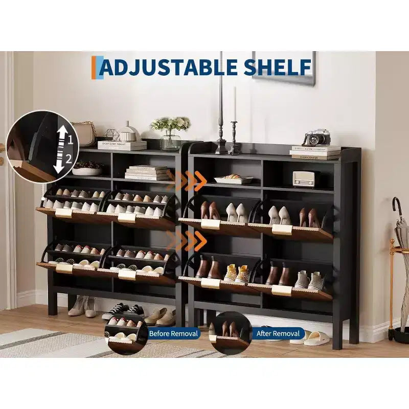Shoe Storage Cabinet with 4 Flip Drawers, Fluted Narrow Shoe Storage Cabinet Organizer with Legs, Freestanding Hidden Slim Shoe Storage