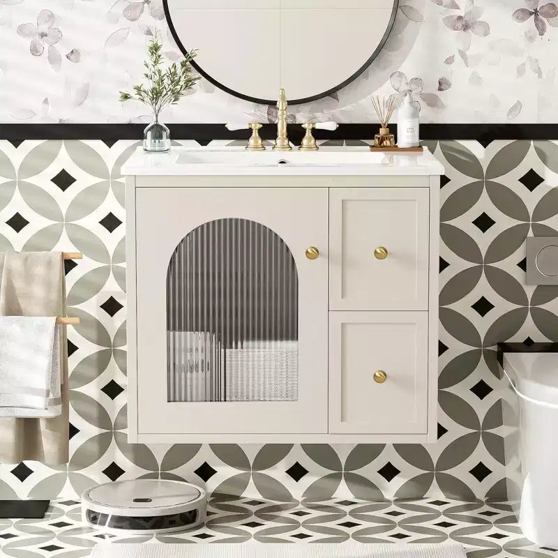 Wall Mounted Bathroom Vanity Set, Modern Bathroom Cabinet with Ceramic Sink, 2 Drawers and 1 Soft-Close Door, Glass-Door Cabinet Beige