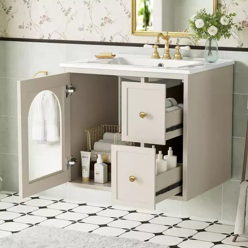 Wall Mounted Bathroom Vanity Set, Modern Bathroom Cabinet with Ceramic Sink, 2 Drawers and 1 Soft-Close Door, Glass-Door Cabinet Beige