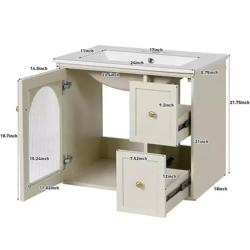 Wall Mounted Bathroom Vanity Set, Modern Bathroom Cabinet with Ceramic Sink, 2 Drawers and 1 Soft-Close Door, Glass-Door Cabinet Beige