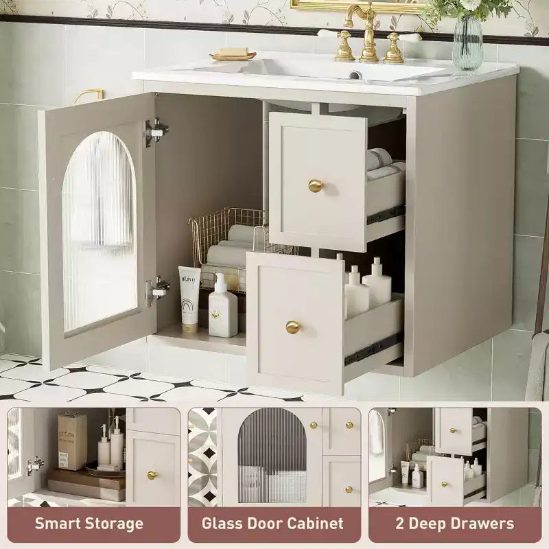 Wall Mounted Bathroom Vanity Set, Modern Bathroom Cabinet with Ceramic Sink, 2 Drawers and 1 Soft-Close Door, Glass-Door Cabinet Beige