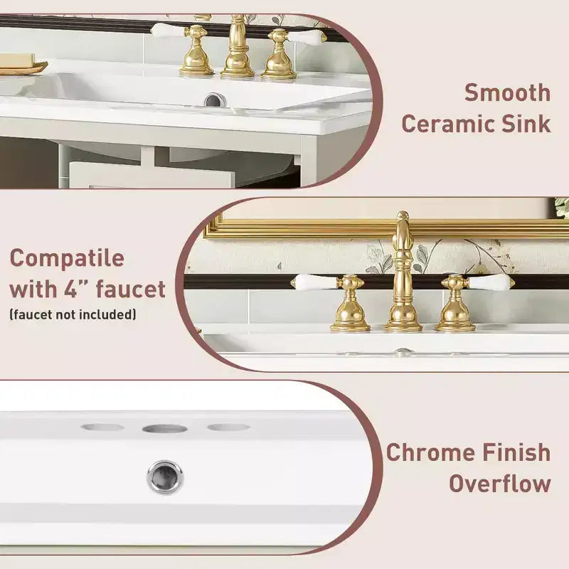Wall Mounted Bathroom Vanity Set, Modern Bathroom Cabinet with Ceramic Sink, 2 Drawers and 1 Soft-Close Door, Glass-Door Cabinet Beige